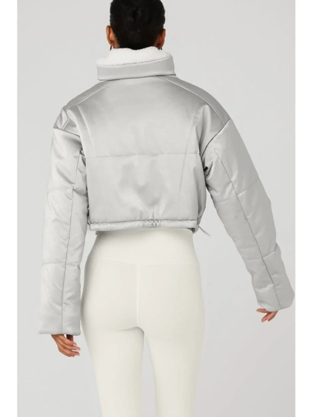 Alo Orion Cropped Puffer Silver Ivory Shiny Metallic Warm Sherpa-Lined Coat L